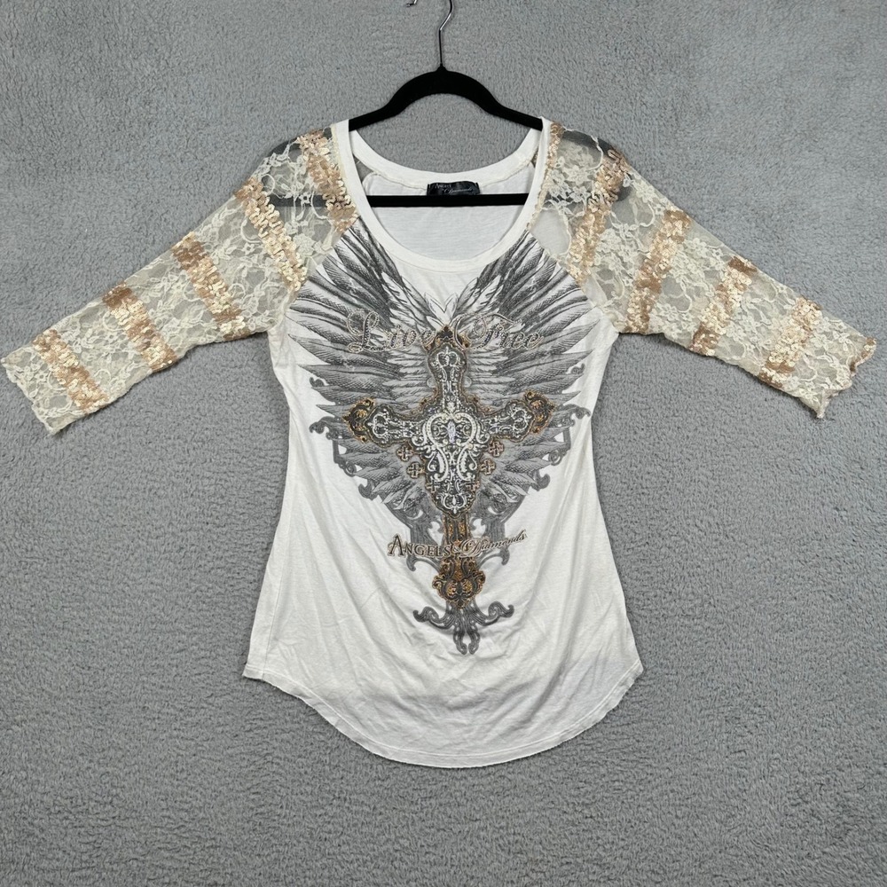 Y2K Angels & Diamonds Trust Top Sequin Lace Sleeve Rhinestone Cross Wings USA L
